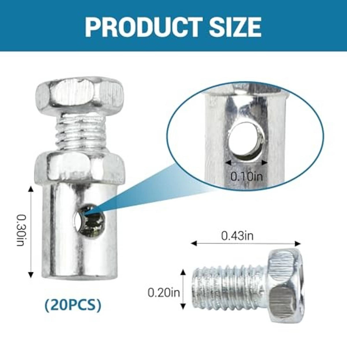 Chrome throttle cable end connector with hex bolt, loop opening, and threaded body