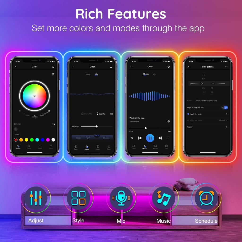 Smartphone app screens controlling RGB LED neon rope lights color and modes