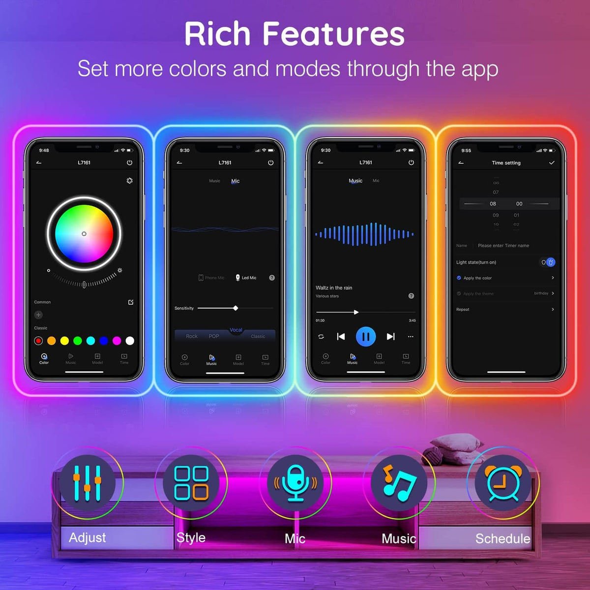 Smartphone app screens controlling RGB LED neon rope lights color and modes