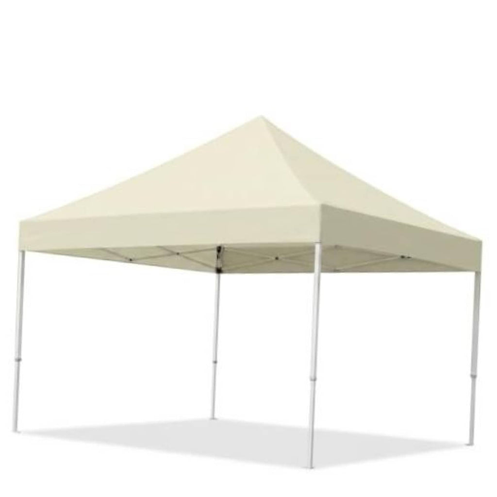 Beige 10x10 pop-up canopy top with peaked roof and four support poles