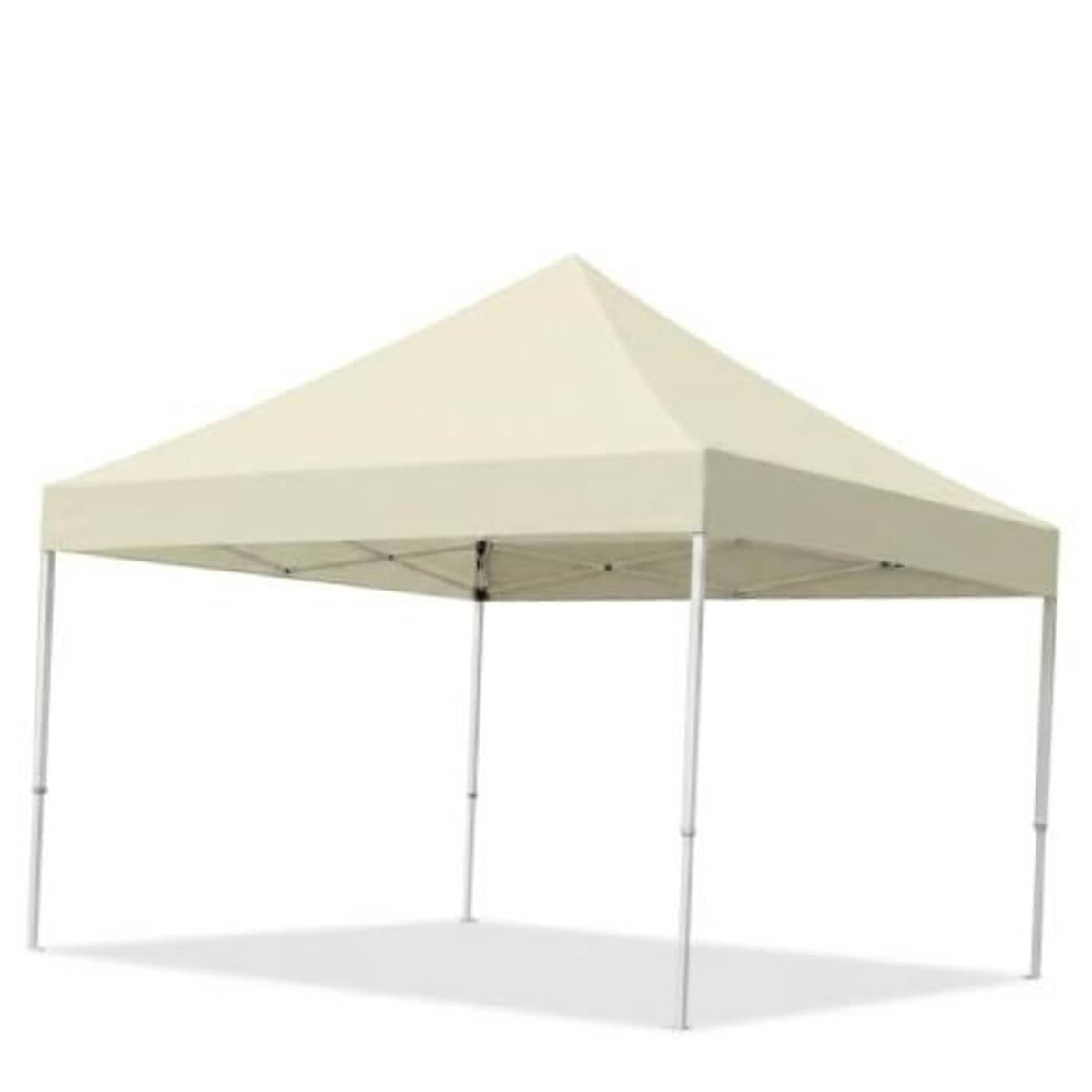 Beige 10x10 pop-up canopy top with peaked roof and four support poles