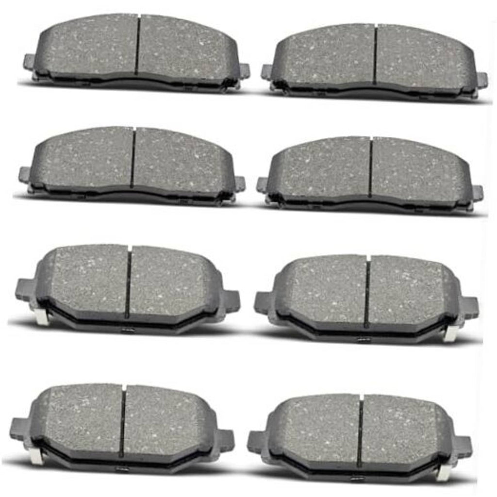Ceramic brake pads set with gray friction material and black backing plates, multiple views