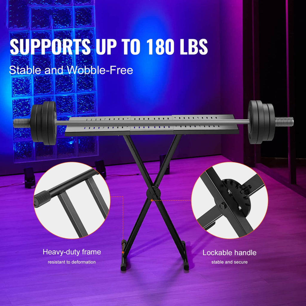 Adjustable DJ table stand with lockable height handle and double-X base, black frame