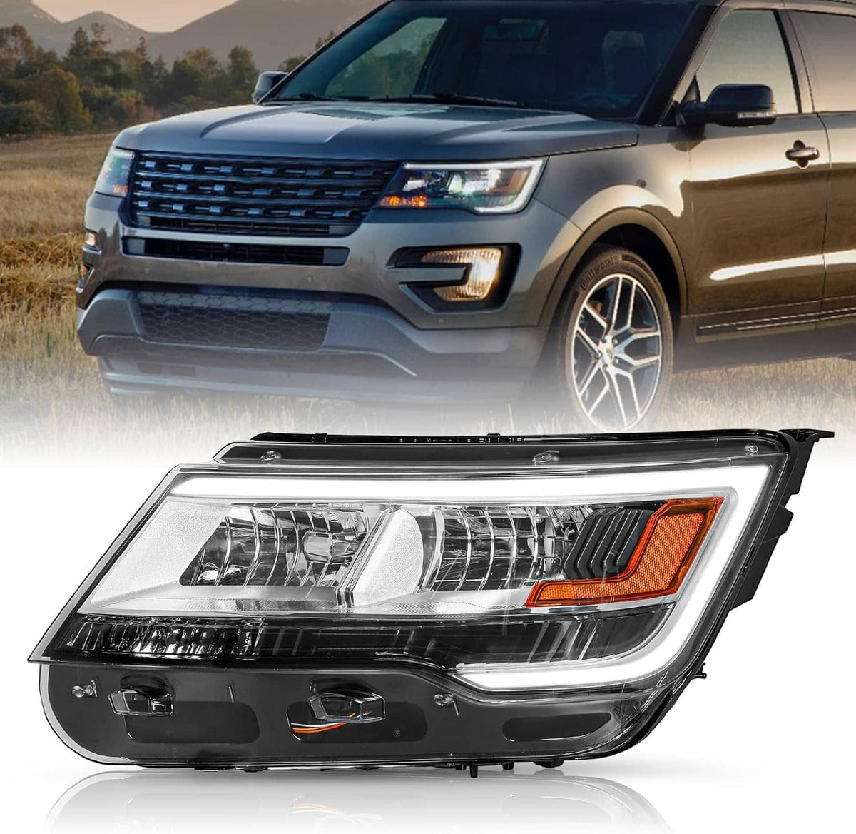 Left side headlight assembly with chrome housing, amber turn signal, and LED DRL