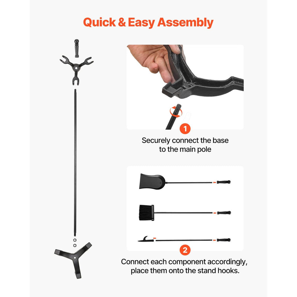 Fireplace tool set parts: stand base and handles for poker, tongs, ash shovel, brush.