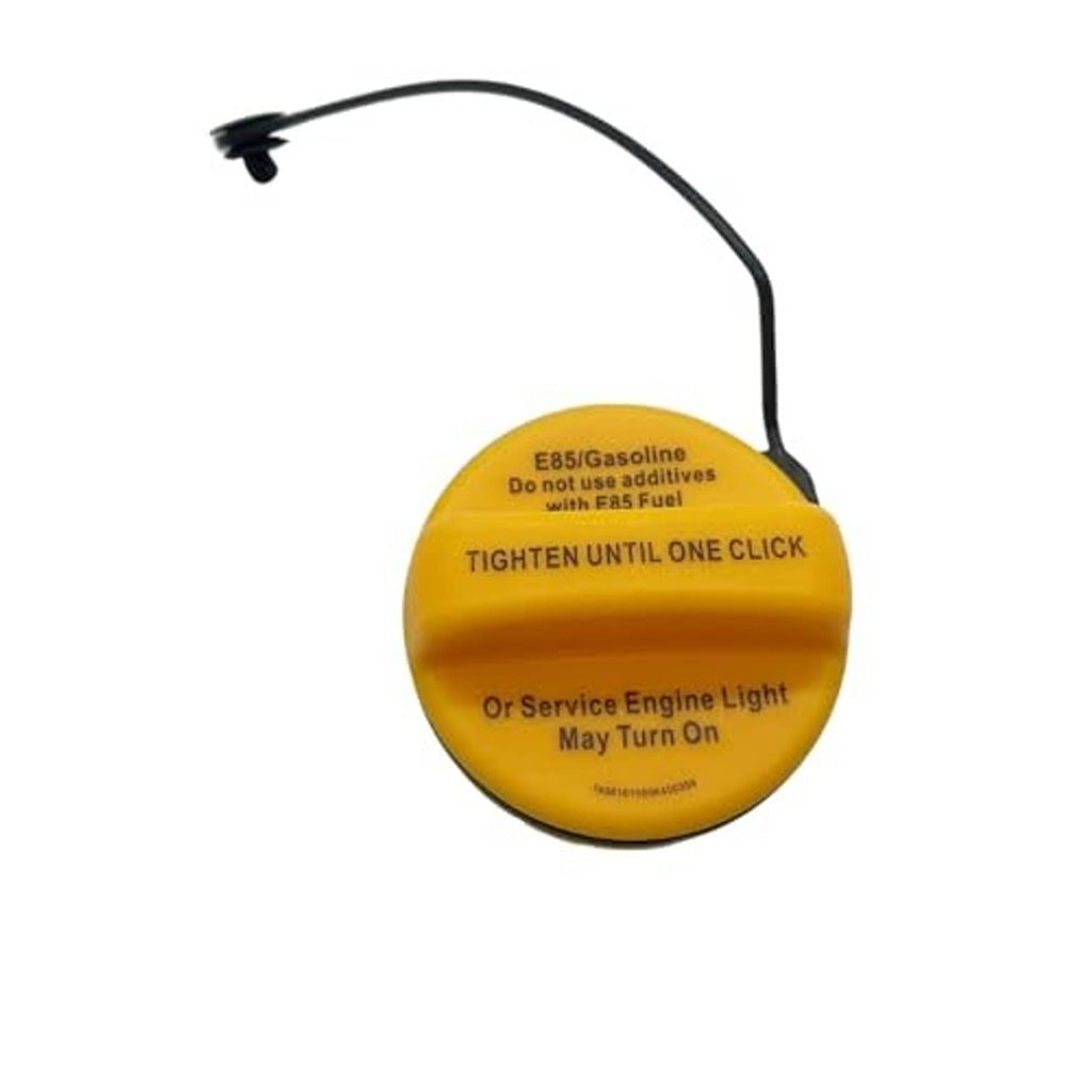 Yellow fuel tank filler cap with black tether cord and printed warning text.