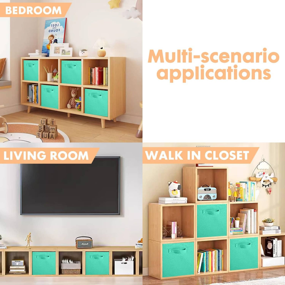 Mint green fabric storage cubes for organizing books and small items
