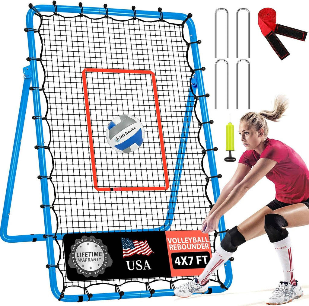 Volleyball rebounder net with red target square, ball, and player training stance