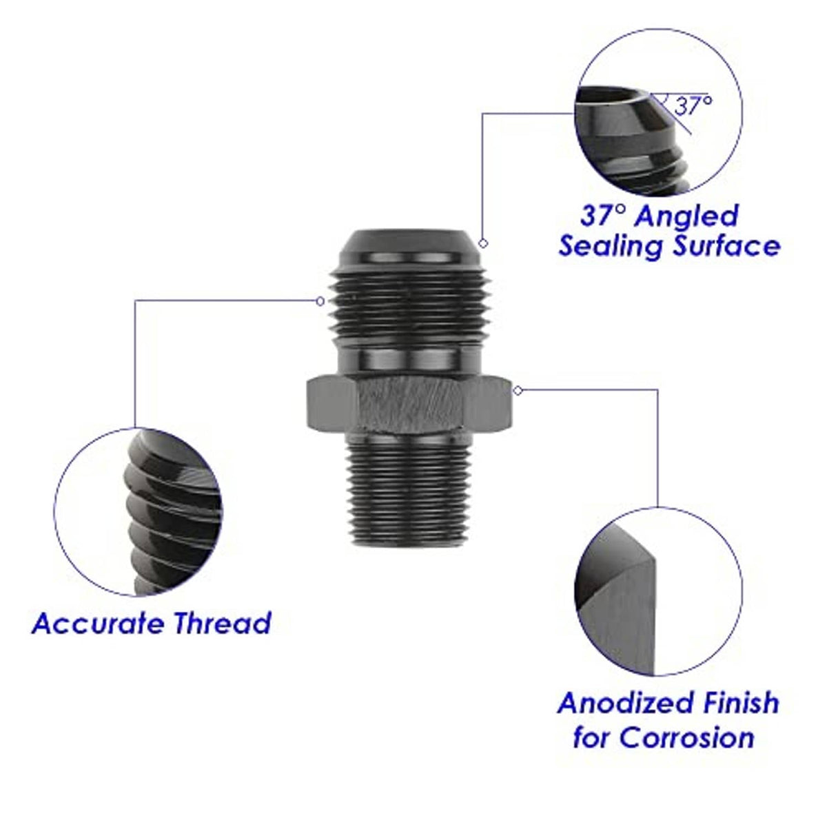 Black AN-to-NPT male hose fitting, 37° angled sealing surface on hex body