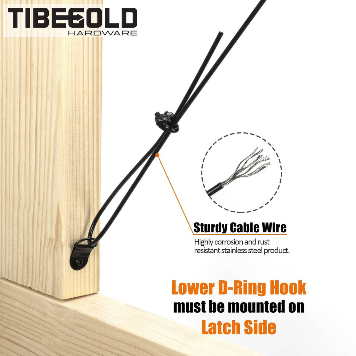 Black cable wire with D-ring hooks and cable clamp for latch/hinge-side gate anti-sag