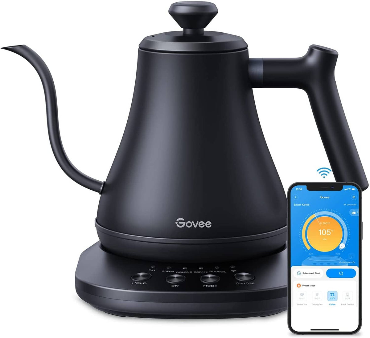Black gooseneck smart electric kettle with app control on smartphone