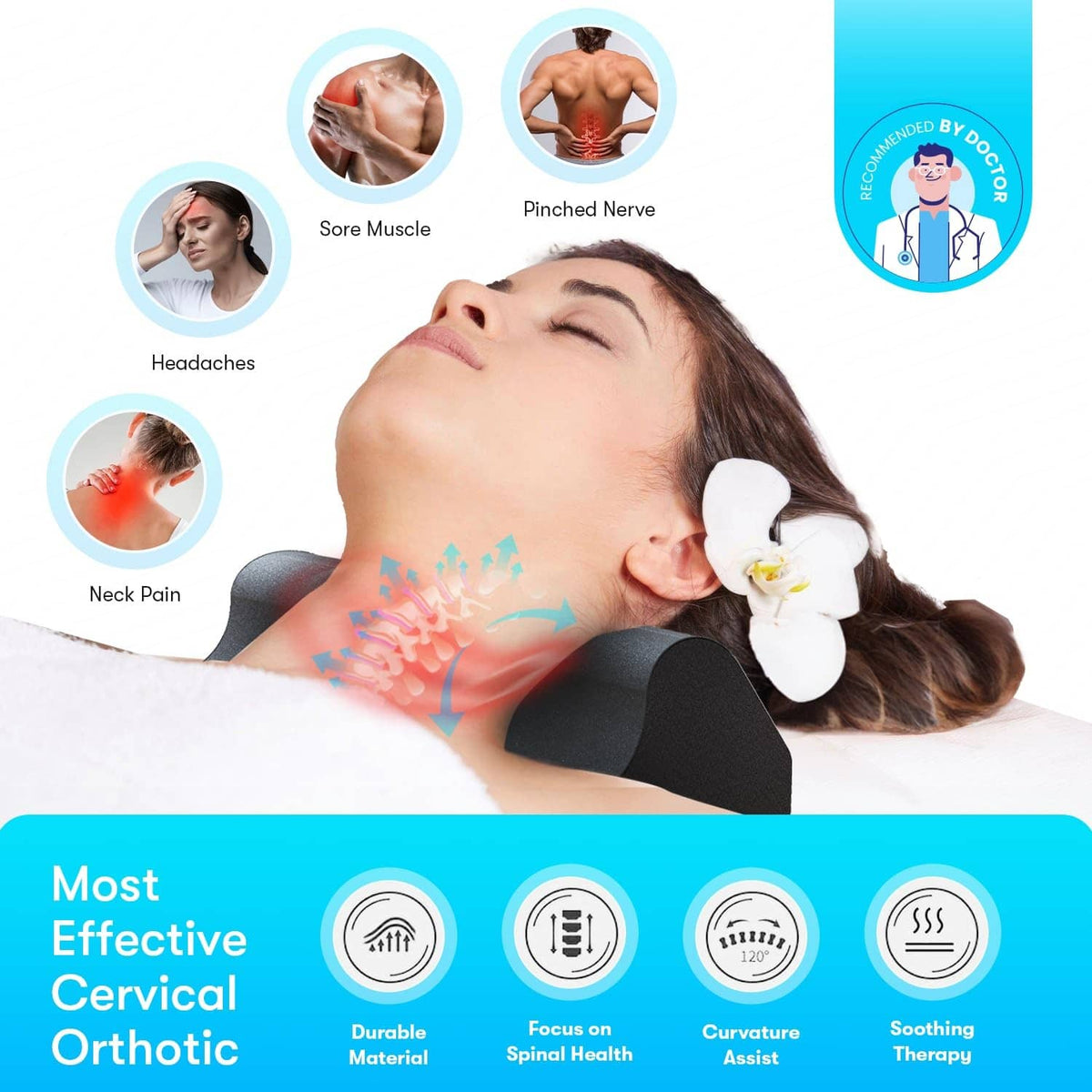 Black cervical orthotic foam neck support with rounded contact area