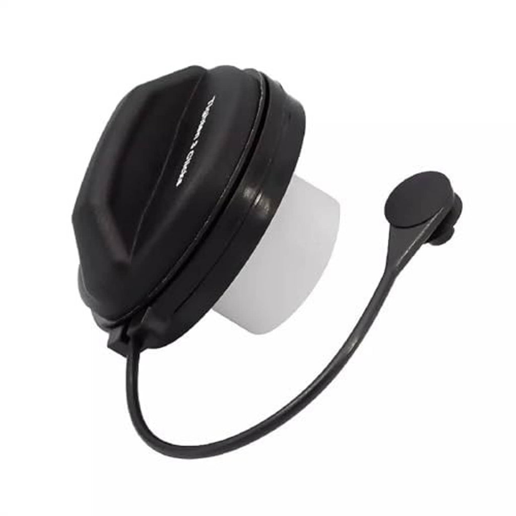 Round black fuel gas cap with tether cable and white internal seal