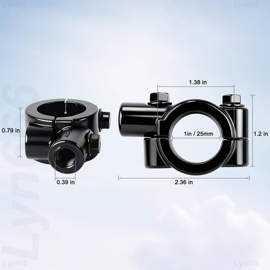 Black mirror mount clamp with 25mm ring and 10mm thread hole; size labels