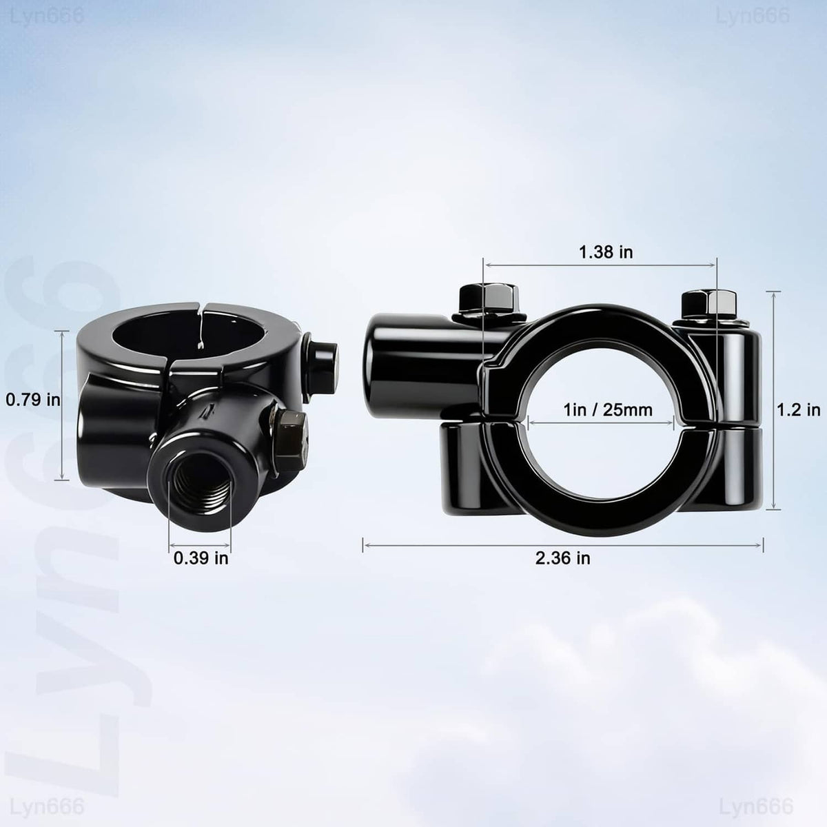 Black mirror mount clamp with 25mm ring and 10mm thread hole; size labels