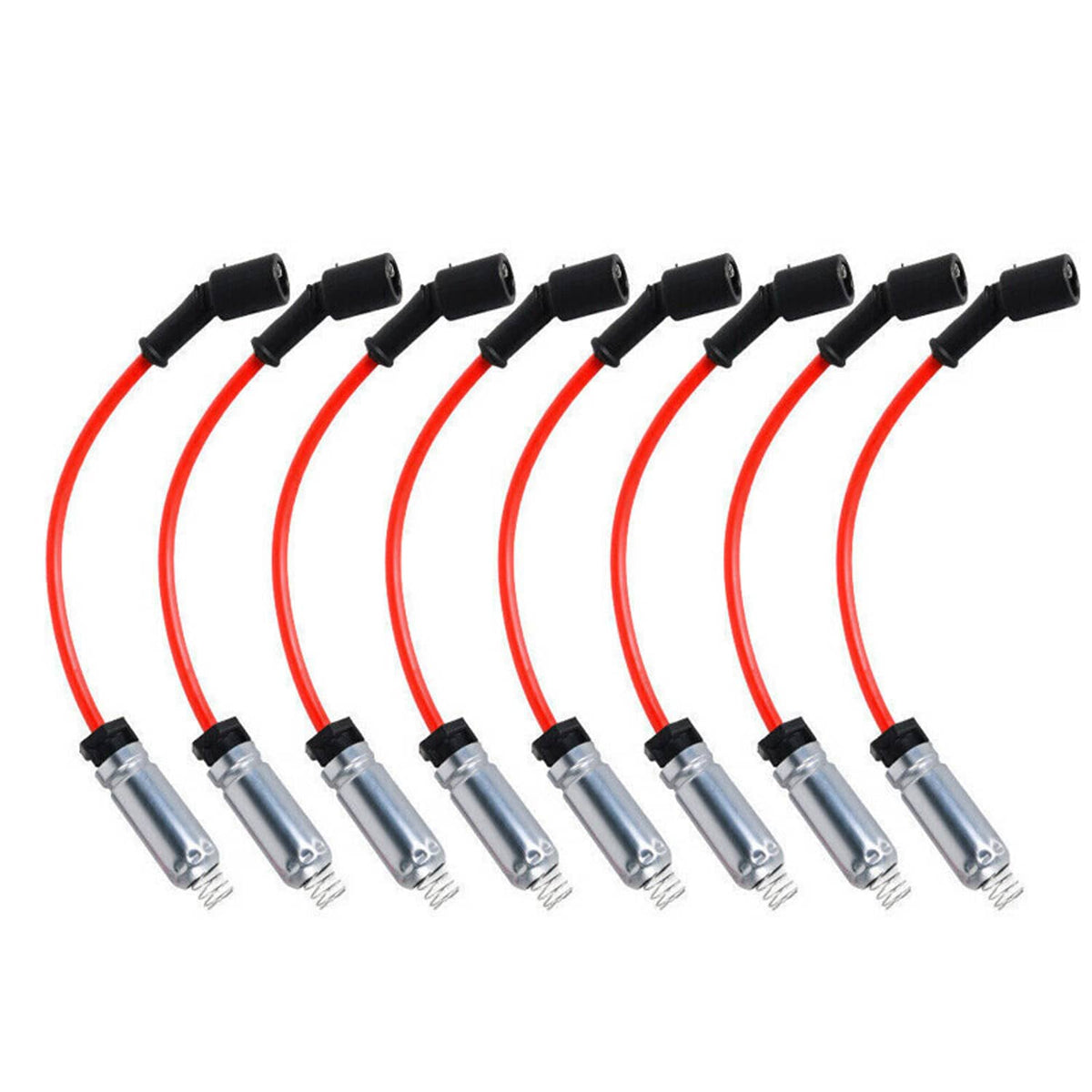 Spark plug wire set with red cables and black boots connected to chrome terminal ends.