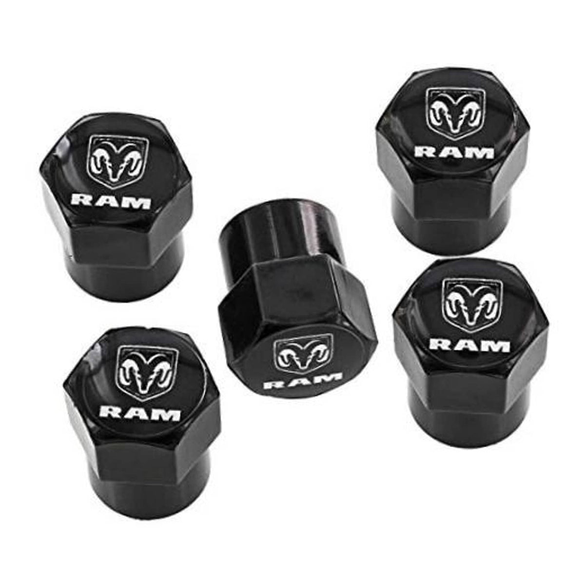 Pack of 5 black octagonal valve stem caps with RAM logo