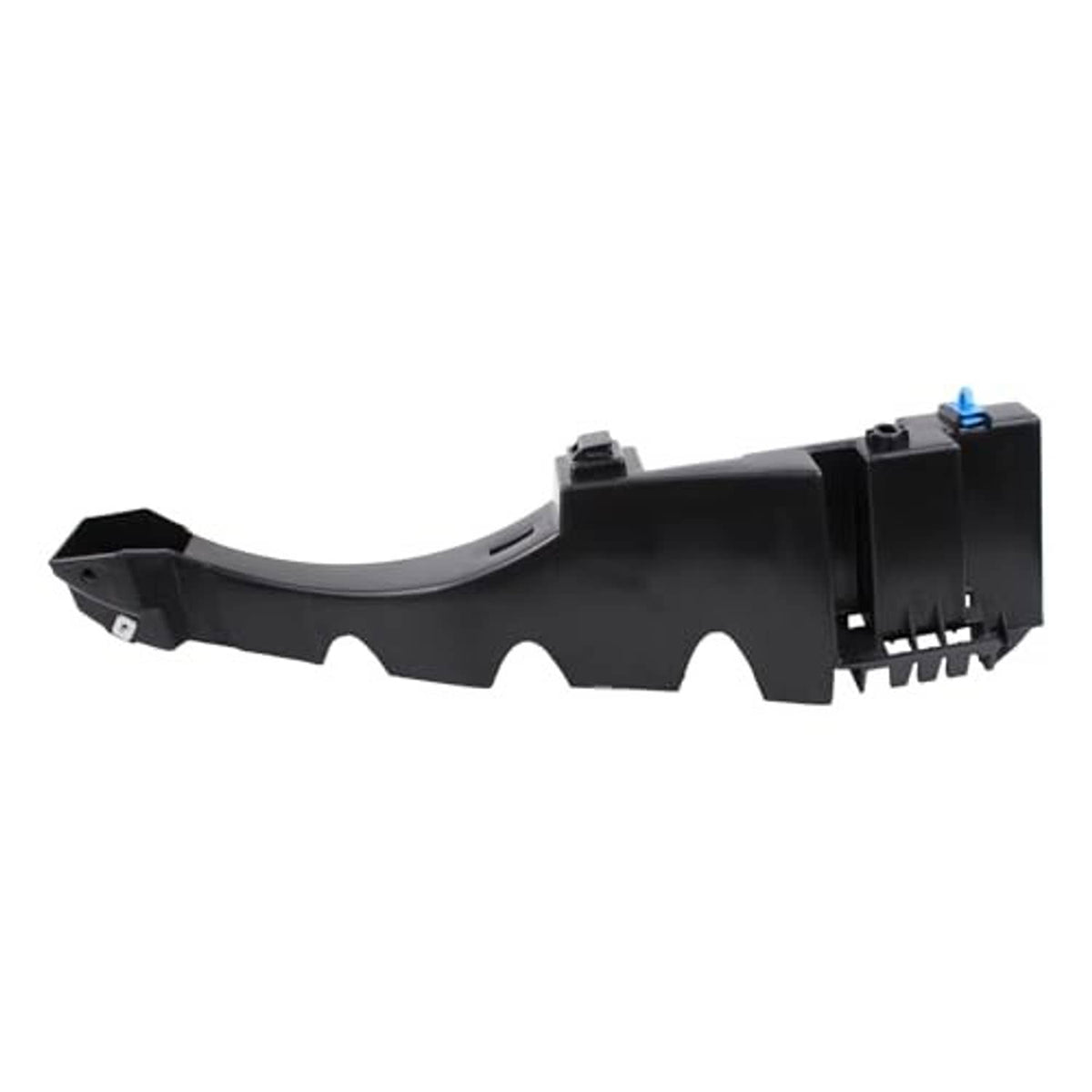Black curved rear driver-side bumper bracket with blue connector and mounting points