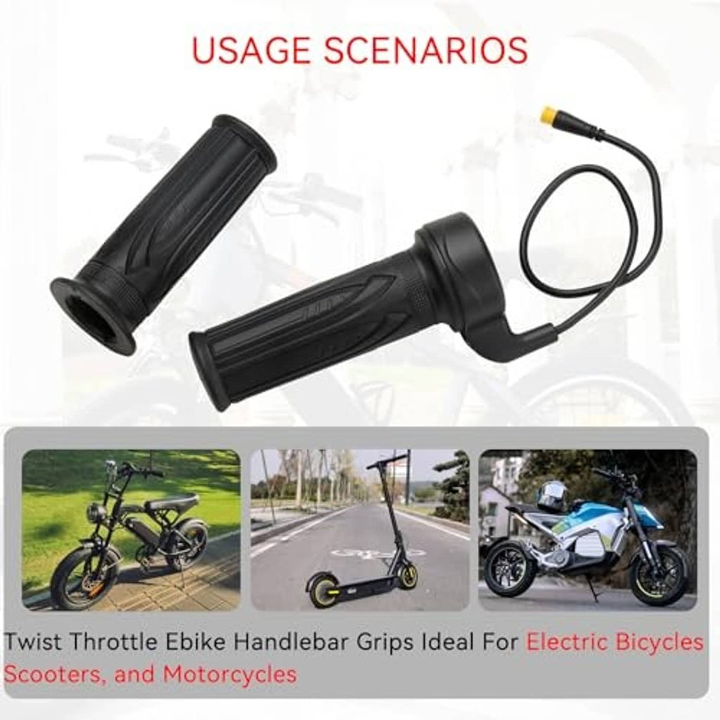 Black twist throttle grips with cable and yellow plug, angled close-up