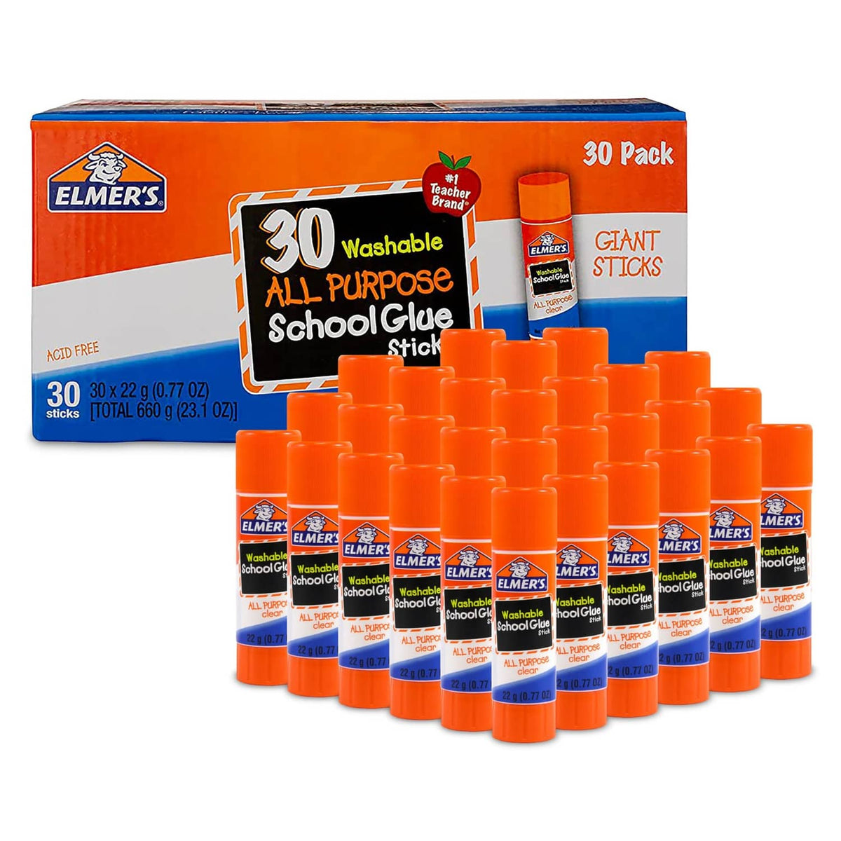 30-pack washable all-purpose school glue sticks in orange with Elmer's box