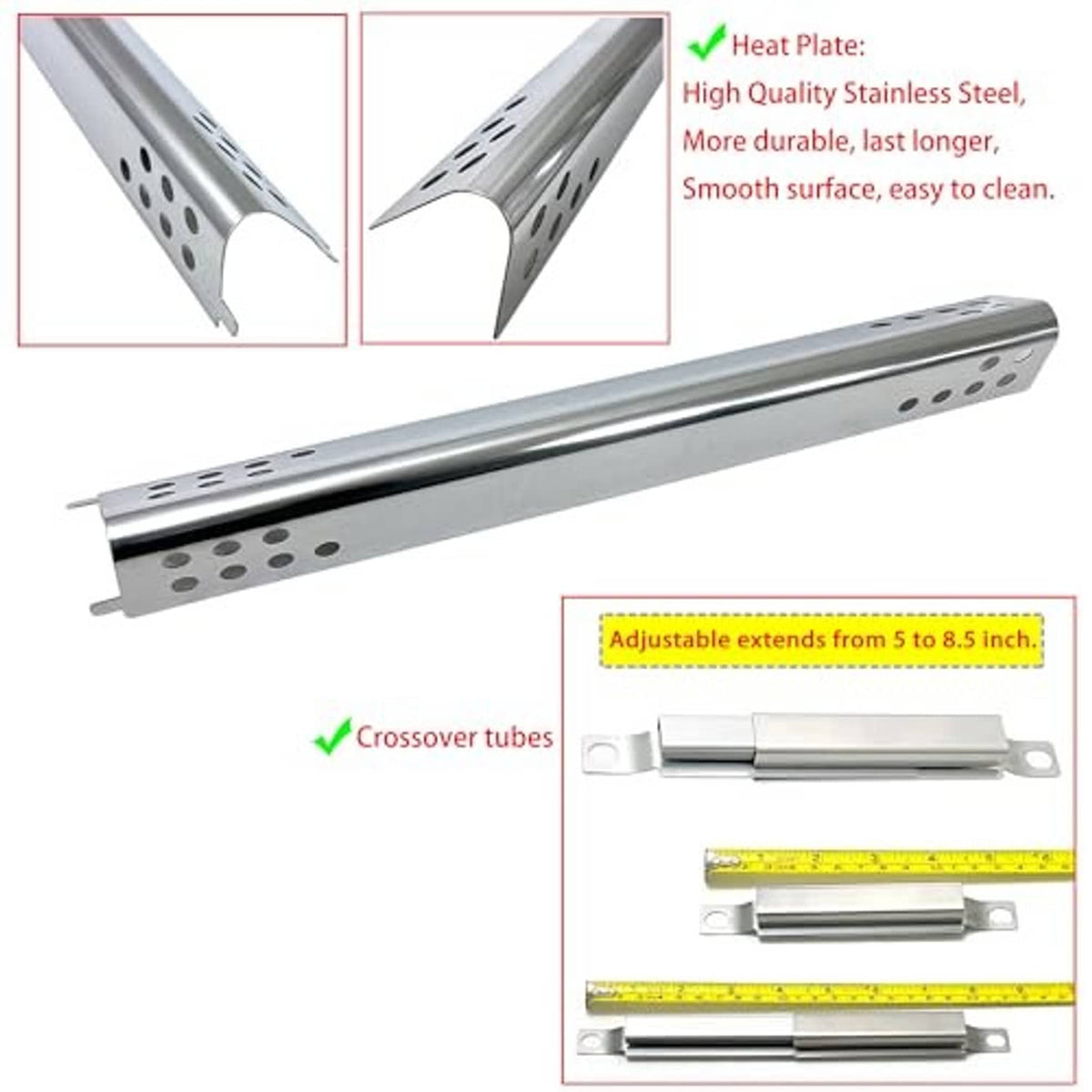 Stainless steel grill burner heat plate with adjustable crossover tubes and bracket parts