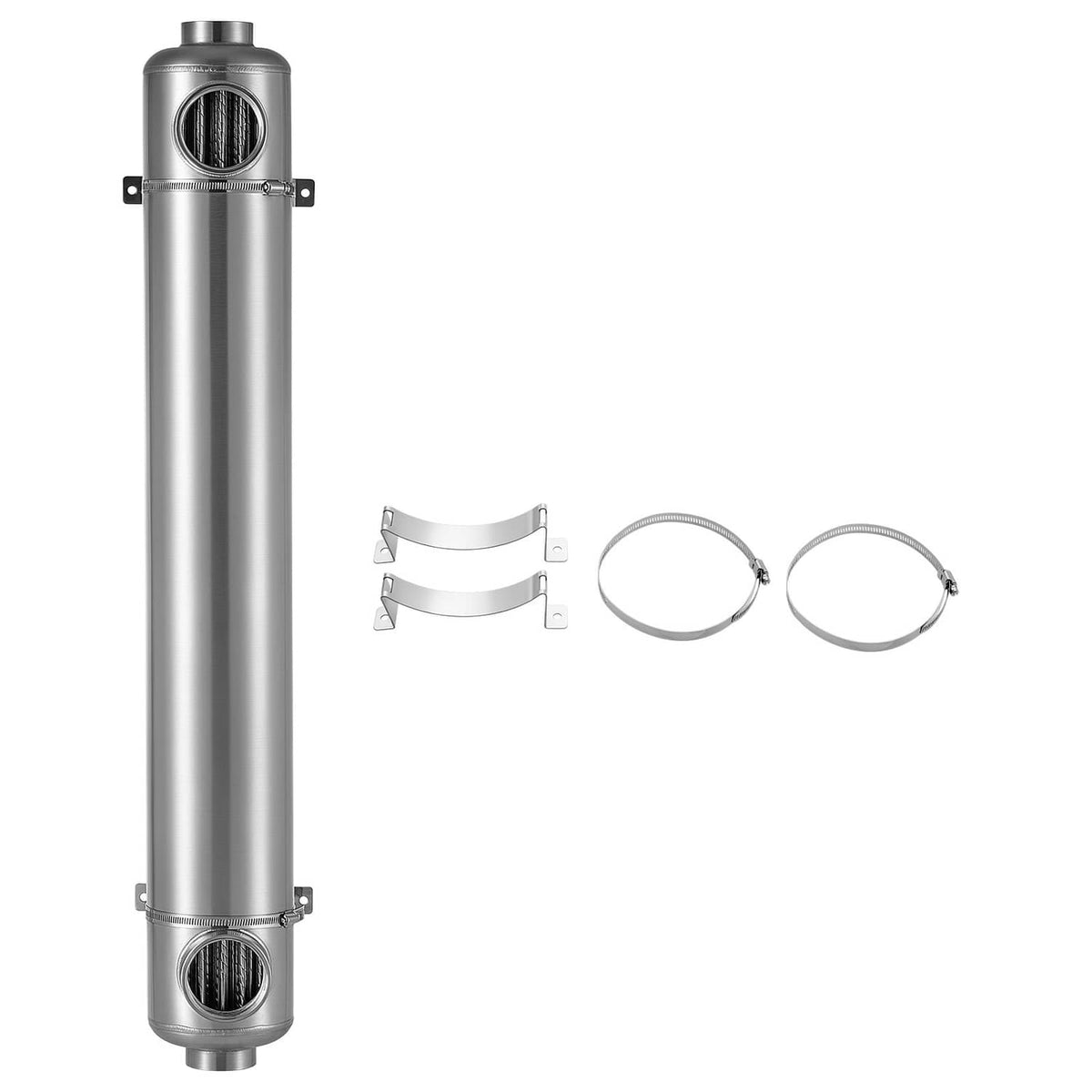 Stainless steel pool heat exchanger with included clamps and hose loops