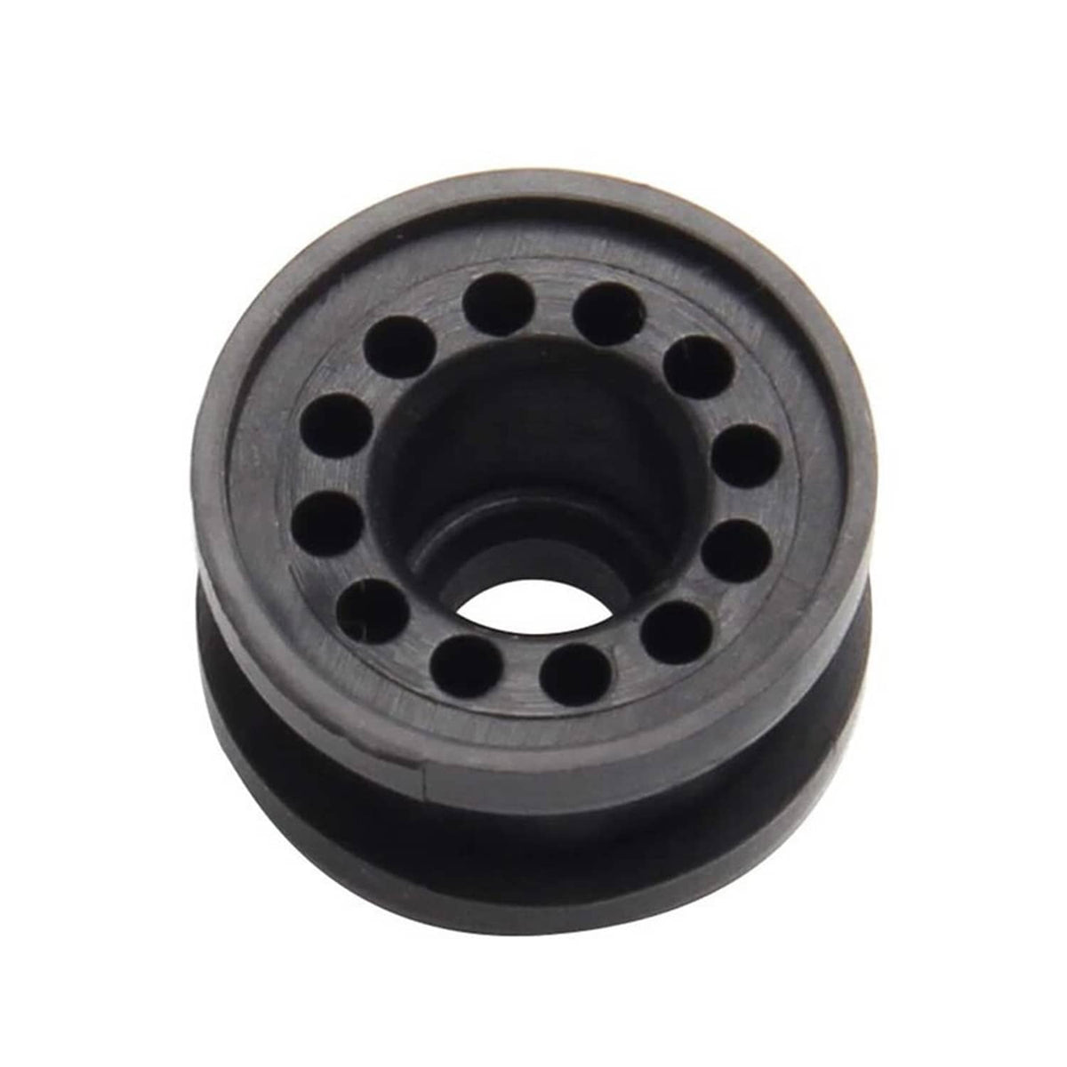 Black grommet bushing with circular center hole and side mounting holes