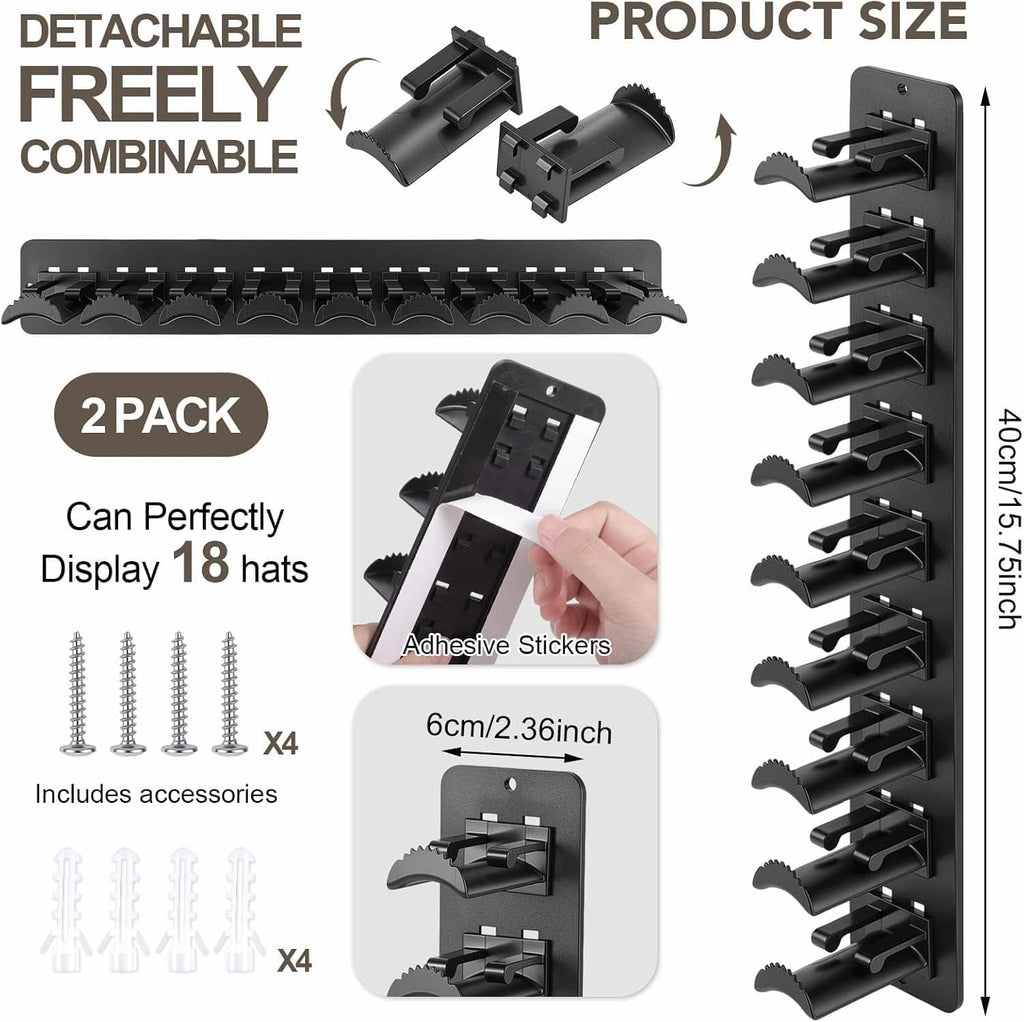 Two-pack black cap rack pieces with multiple hat clips and adhesive sticker accessories