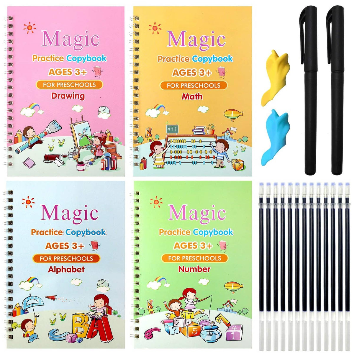 Four spiral-bound kids' practice copybooks with colorful math and alphabet covers