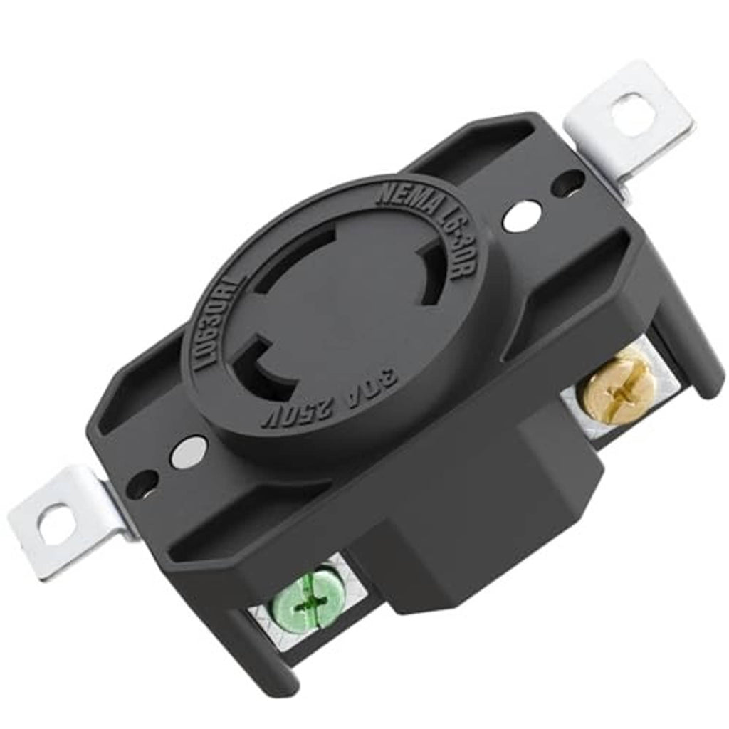 Black NEMA L6-30R locking receptacle showing circular face opening and brass contact