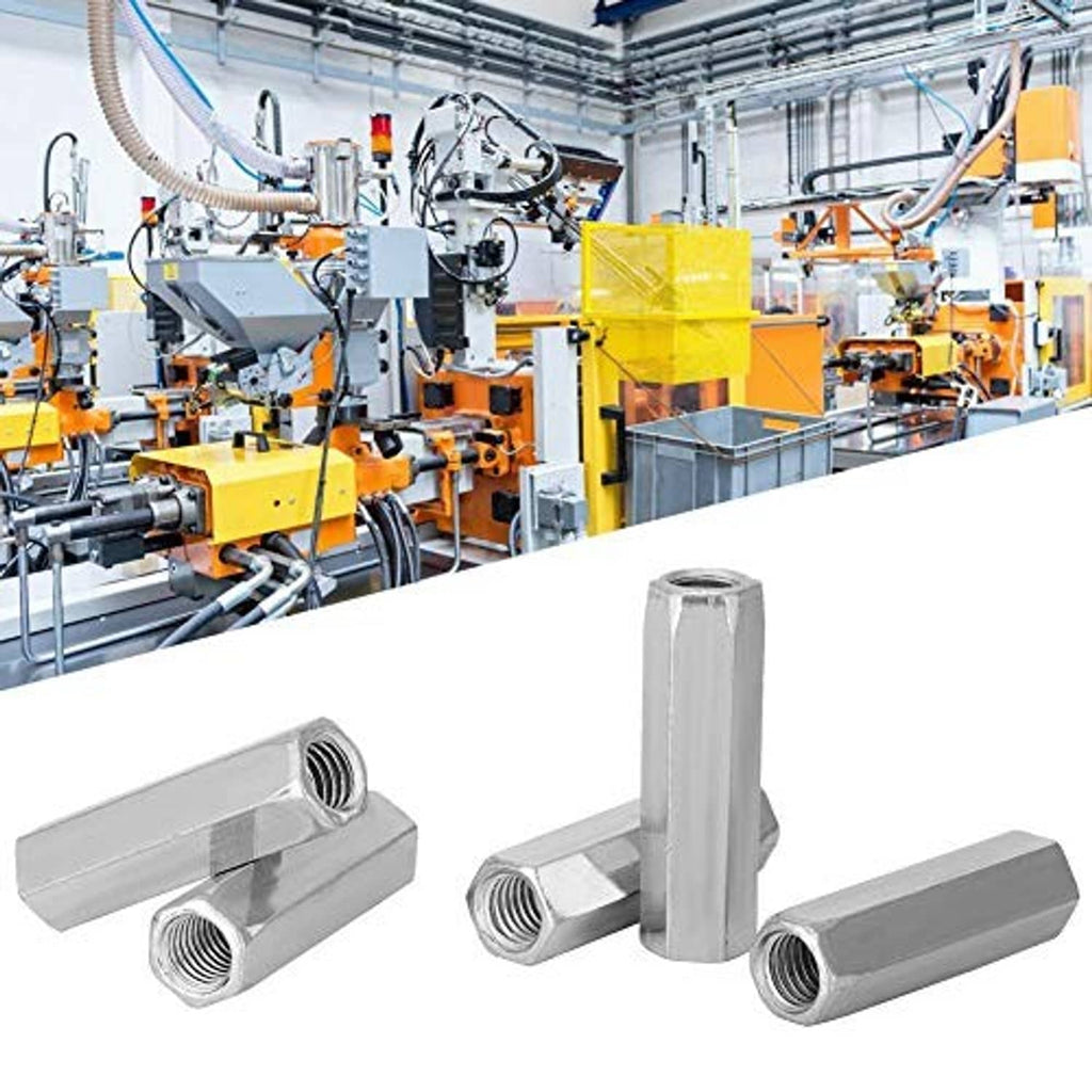 Set of hex coupling nuts with threaded openings, silver steel rod-style sleeves
