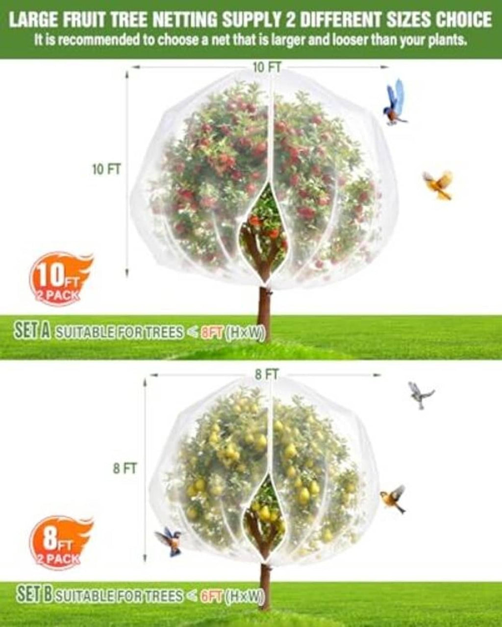 Fruit tree netting dome with zipper door and drawstring, 10 ft and 8 ft sizes shown