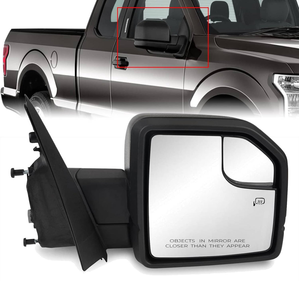 Right side heated towing mirror with black housing and power-adjust glass