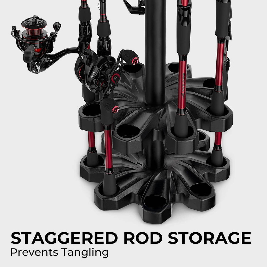 Black base with staggered rod cradles and several upright tube posts