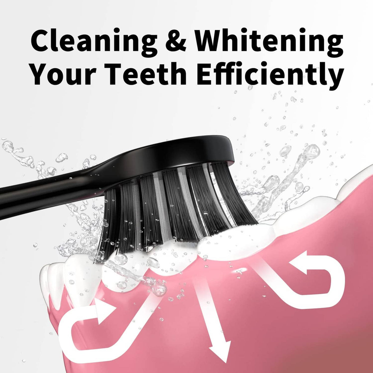 Black brush head with bristles cleaning over a tooth graphic, with water spray