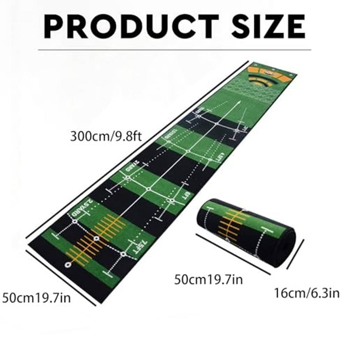 Green golf putting mat with rolled practice mat and putting grid markings