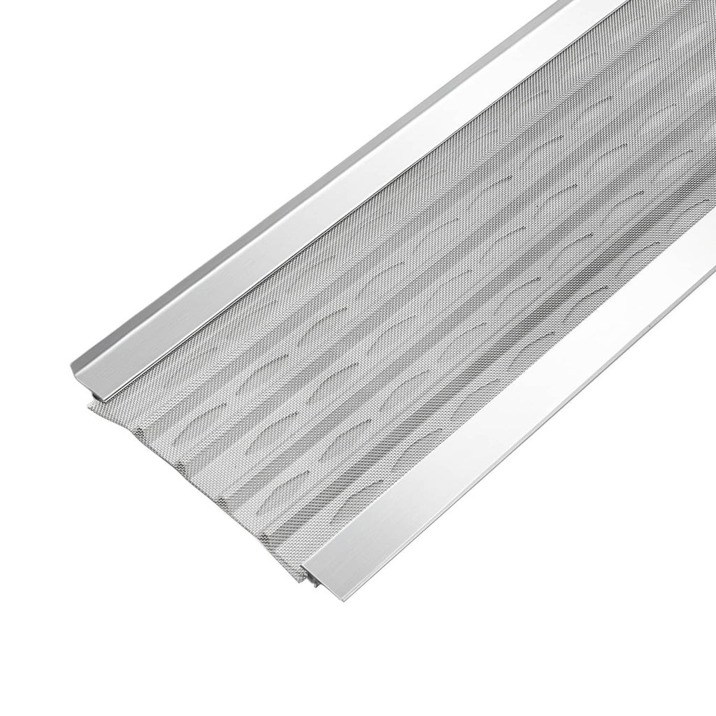 Close-up of gray aluminum gutter cover with fine steel mesh leaf guard