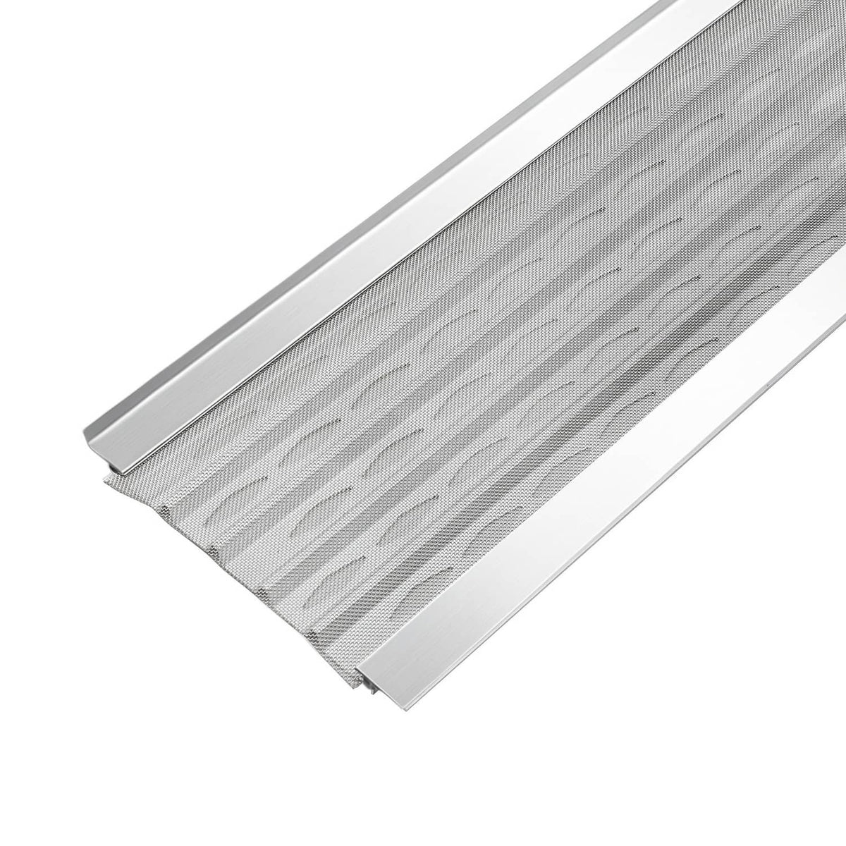 Close-up of gray aluminum gutter cover with fine steel mesh leaf guard