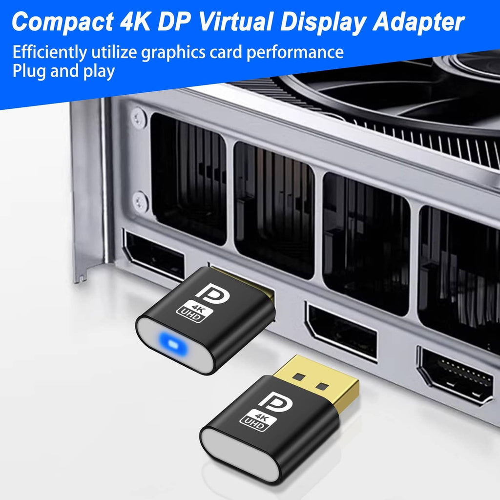 Compact 4K DP virtual display adapter, black dongle with gold DisplayPort plug