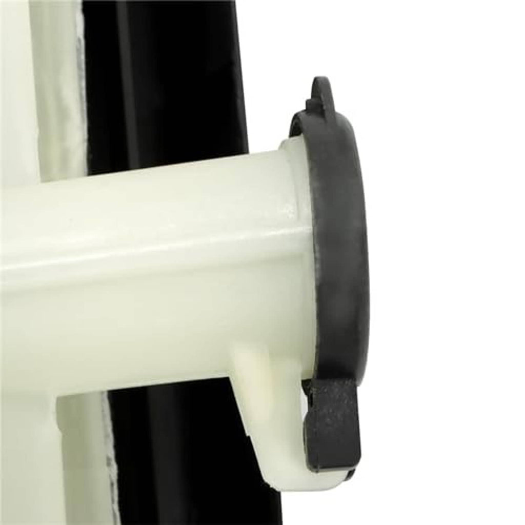 Radiator cooling fan reservoir mount close-up, white housing with black rubber seal