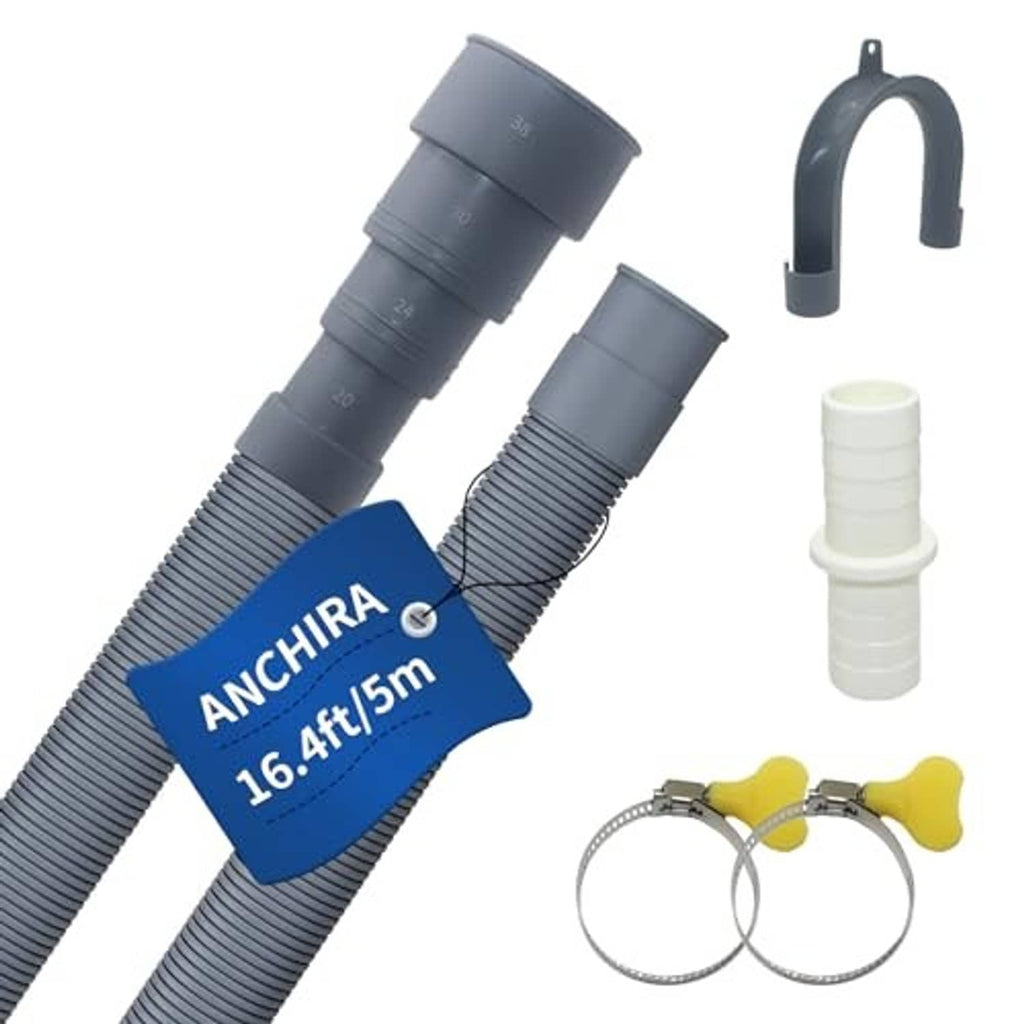 Universal gray corrugated washer hose kit with adapter, white seal ring, and clamp