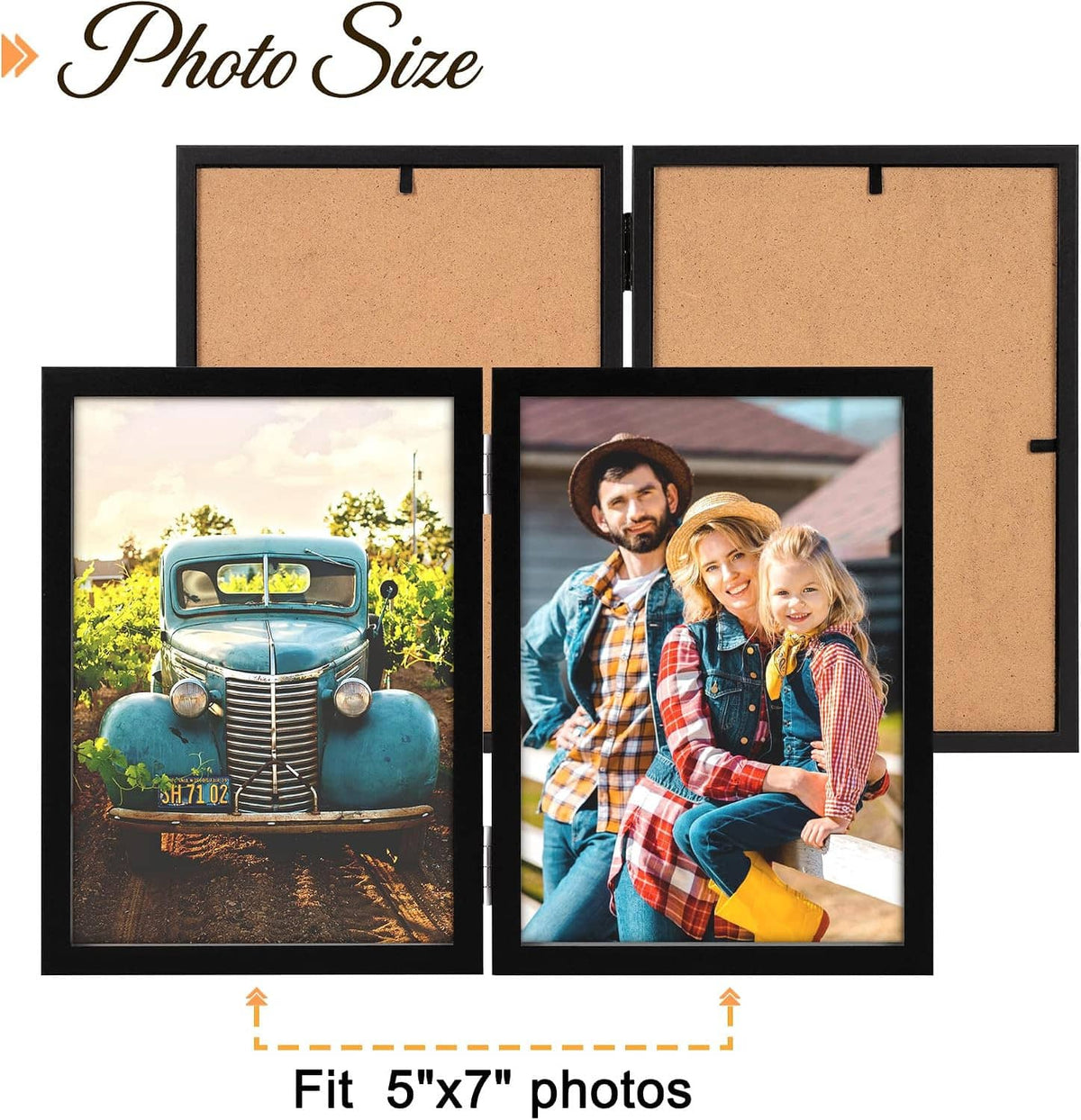 Black double-hinged wood photo frames, set of folded frames showing 5x7 photos