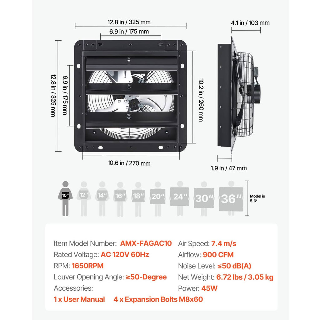 10-inch wall-mount shutter exhaust fan diagram with front dimensions