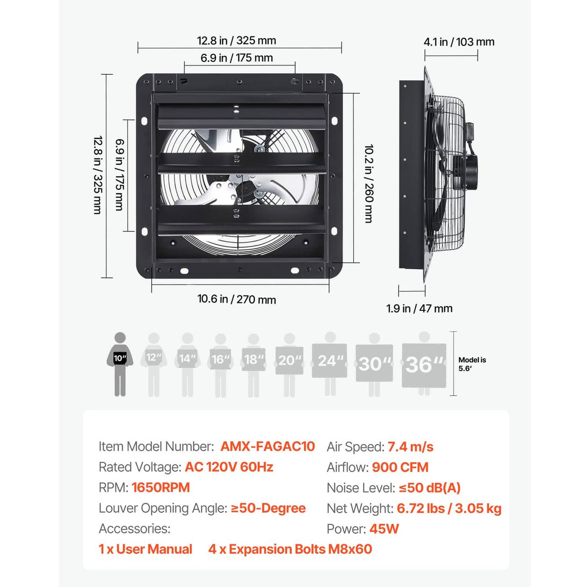 10-inch wall-mount shutter exhaust fan diagram with front dimensions