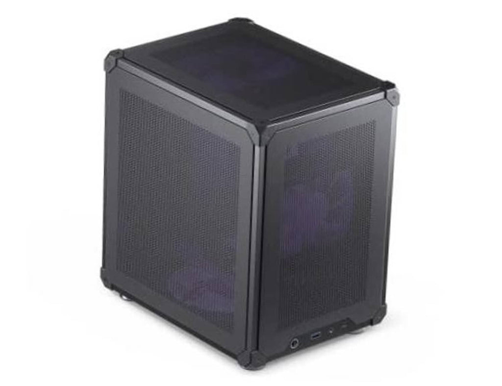 Black mini micro-ATX PC case with mesh front/side panels and top cover, front I/O