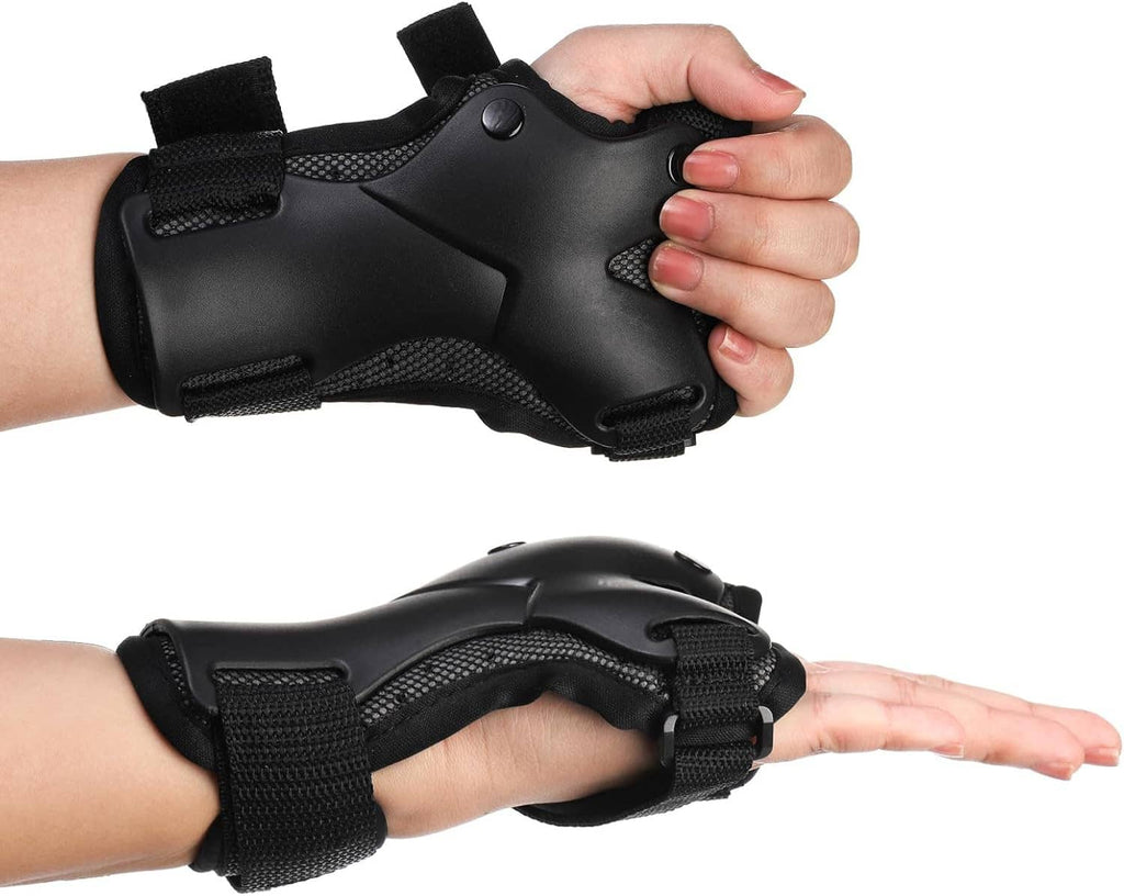 Black wrist guard showing hard knuckle shell and wide hook-and-loop wrist strap