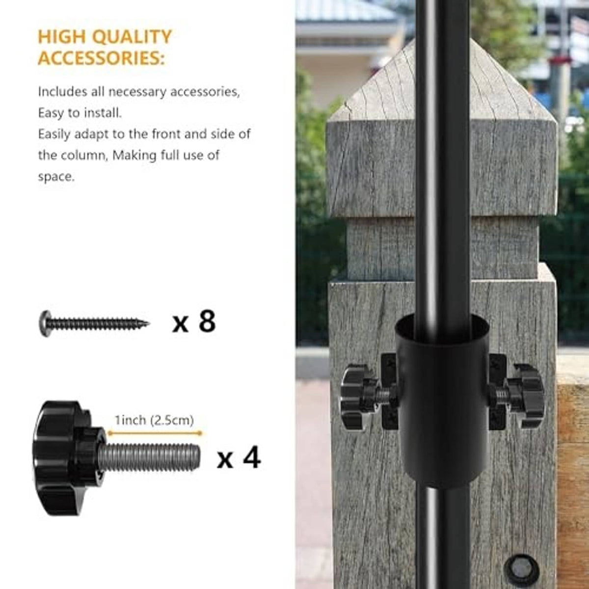 Black umbrella mount holder with included bolts and sleeve accessories, attached to post