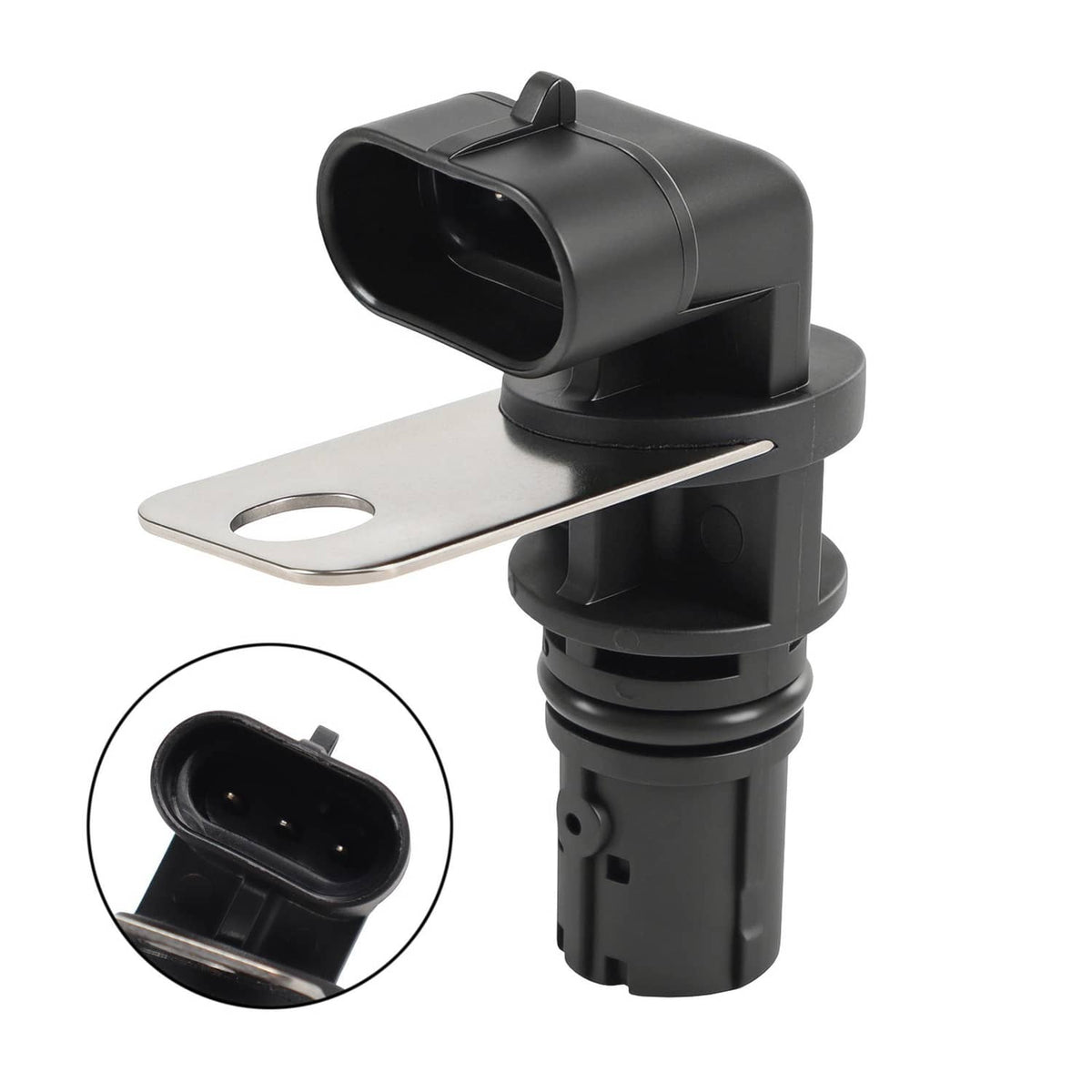 Crankshaft position sensor with metal mounting bracket and black electrical connector