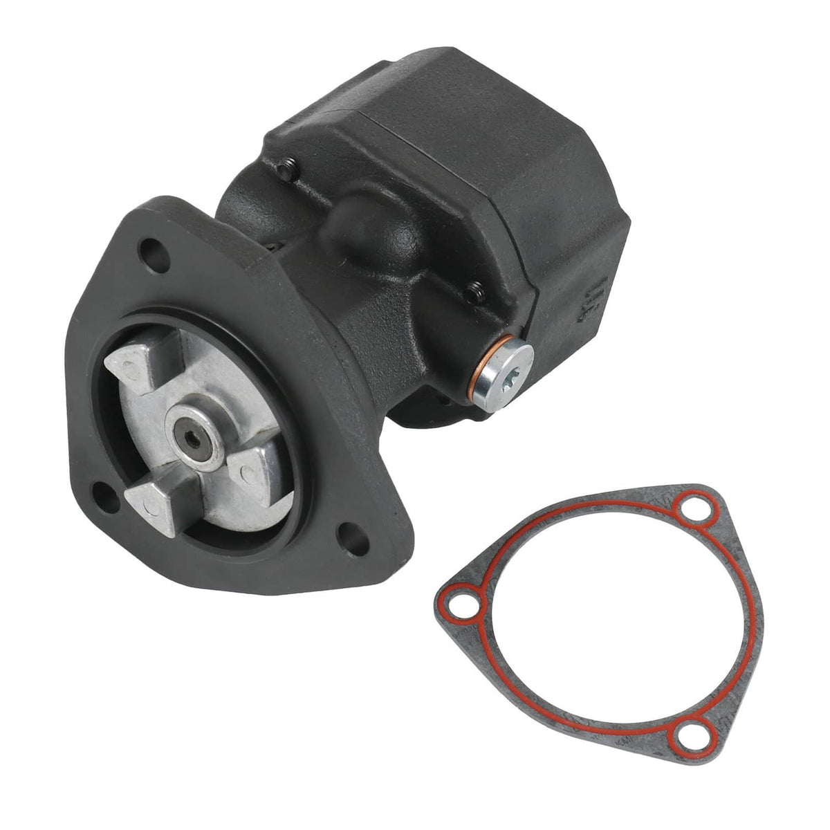 Fuel pump assembly with mounting flange and threaded outlet, includes gasket