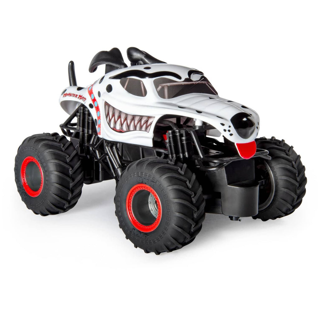 White dalmatian-style RC monster truck with black chassis and red rim details